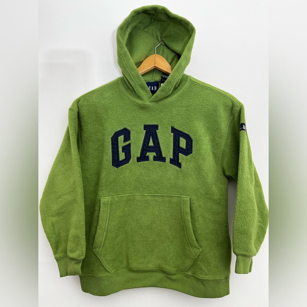 GAP Kids Vintage Green Sherpa Hoodie Big Logo Pullover Cozy Boys Medium Y2K EUC